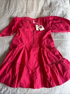 Anthropologie Hot Pink Tiered Mini Dress with Front Zip